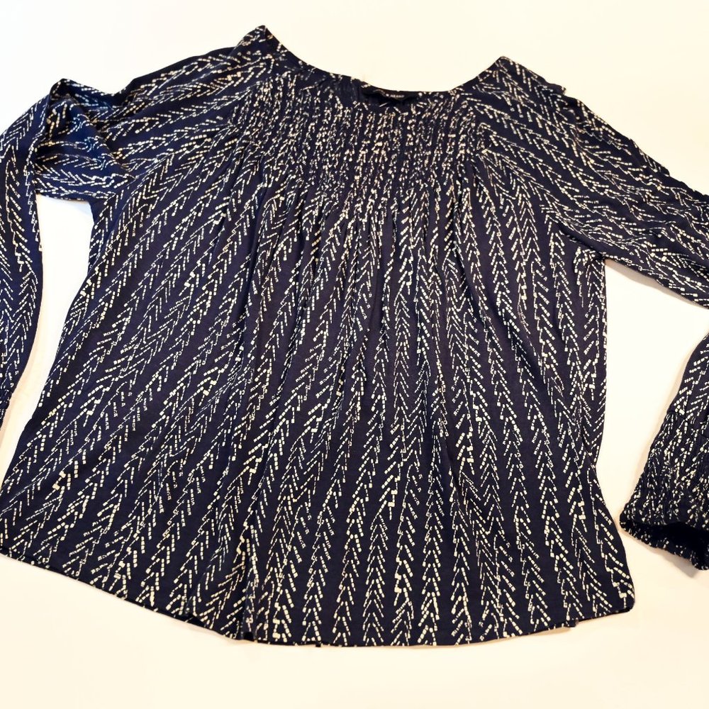 NWT Lucky Brand Navy Blue Shirred Long Sleeve Shirt